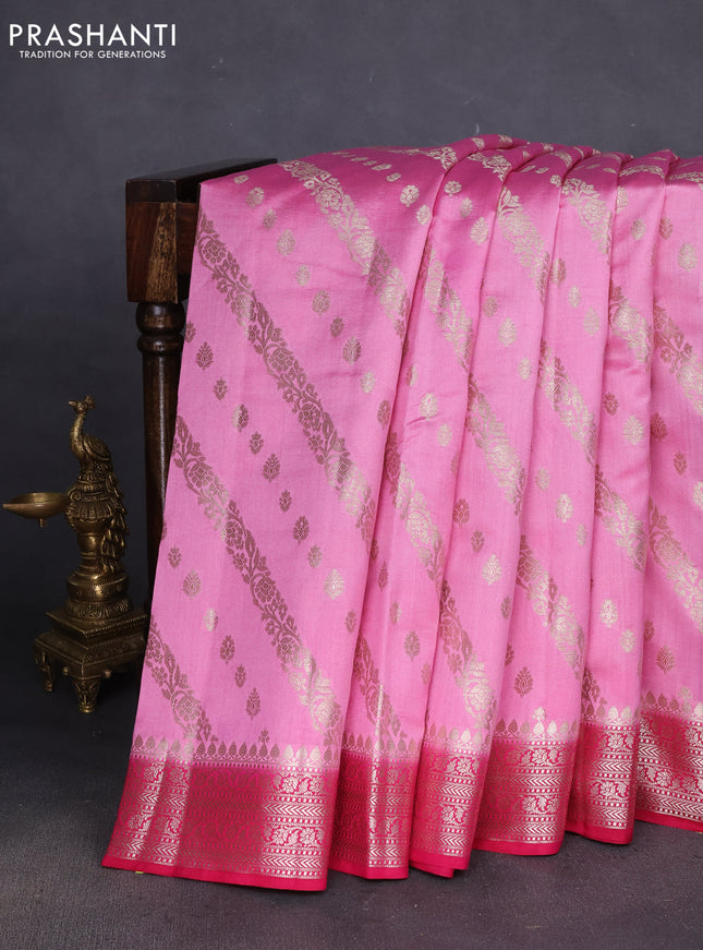 Chiniya silk saree baby pink and dark pink with allover zari weaves and zari woven border
