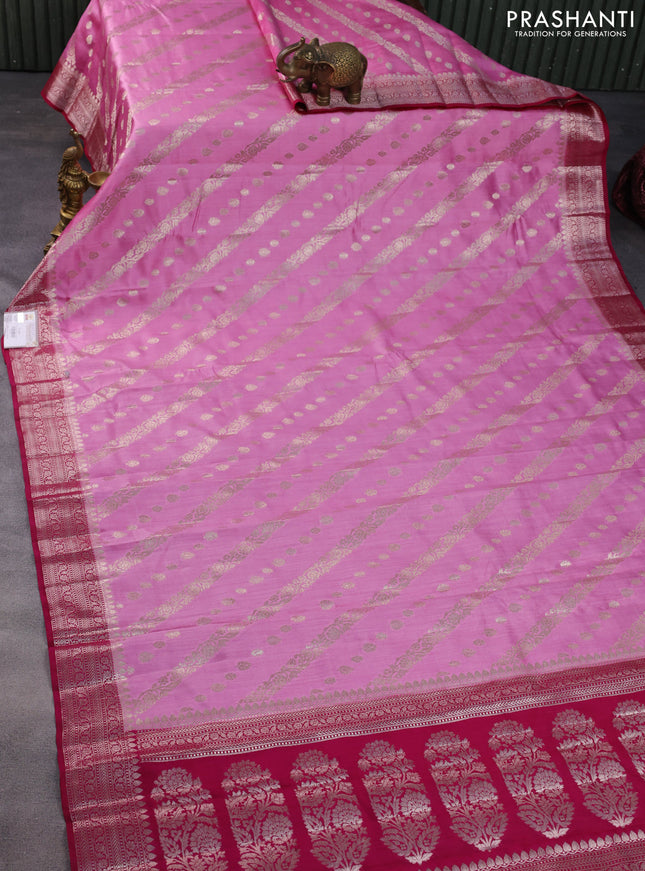 Chiniya silk saree baby pink and dark pink with allover zari weaves and zari woven border