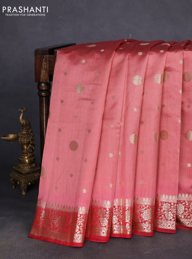 Chiniya silk saree peach shade and maroon with allover zari woven buttas and zari woven border