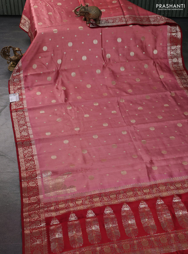 Chiniya silk saree peach shade and maroon with allover zari woven buttas and zari woven border