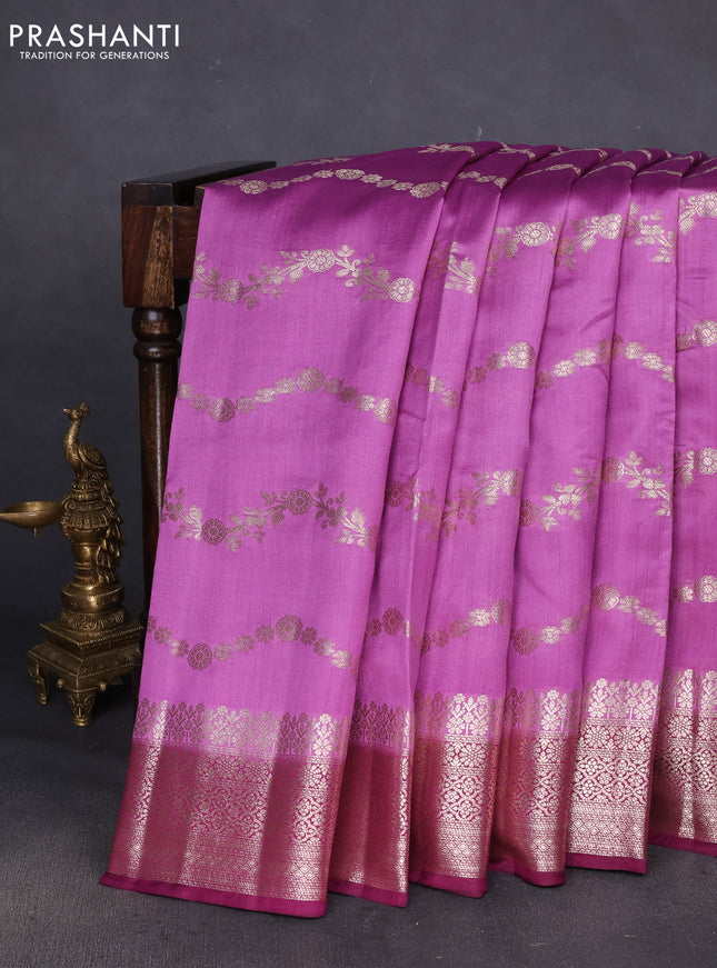 Chiniya silk saree mauve pink and wine shade with allover zari weaves and zari woven border