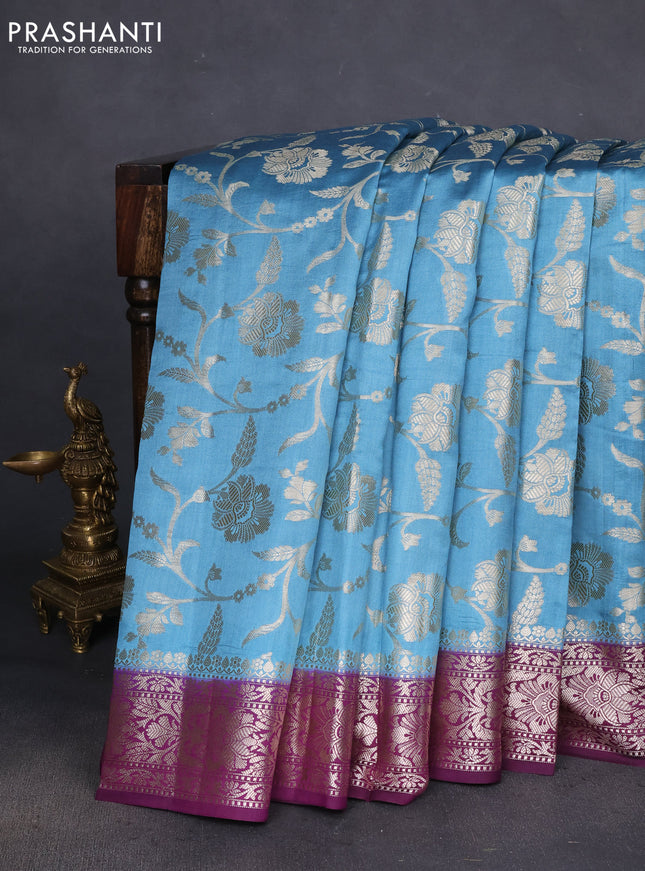 Chiniya silk saree pastel blue and wine shade with allover zari weaves and zari woven border