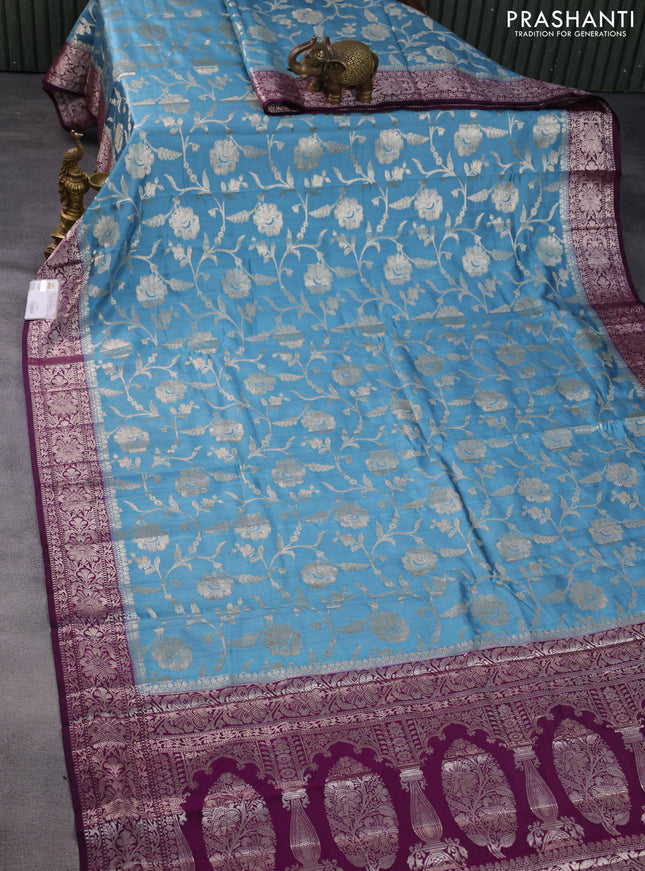 Chiniya silk saree pastel blue and wine shade with allover zari weaves and zari woven border