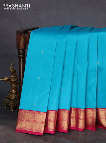 Pure kanchipuram silk saree teal blue and dark pink with zari woven buttas and rich zari woven korvai border
