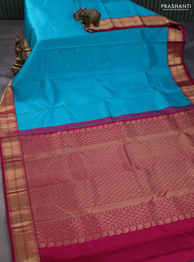 Pure kanchipuram silk saree teal blue and dark pink with zari woven buttas and rich zari woven korvai border