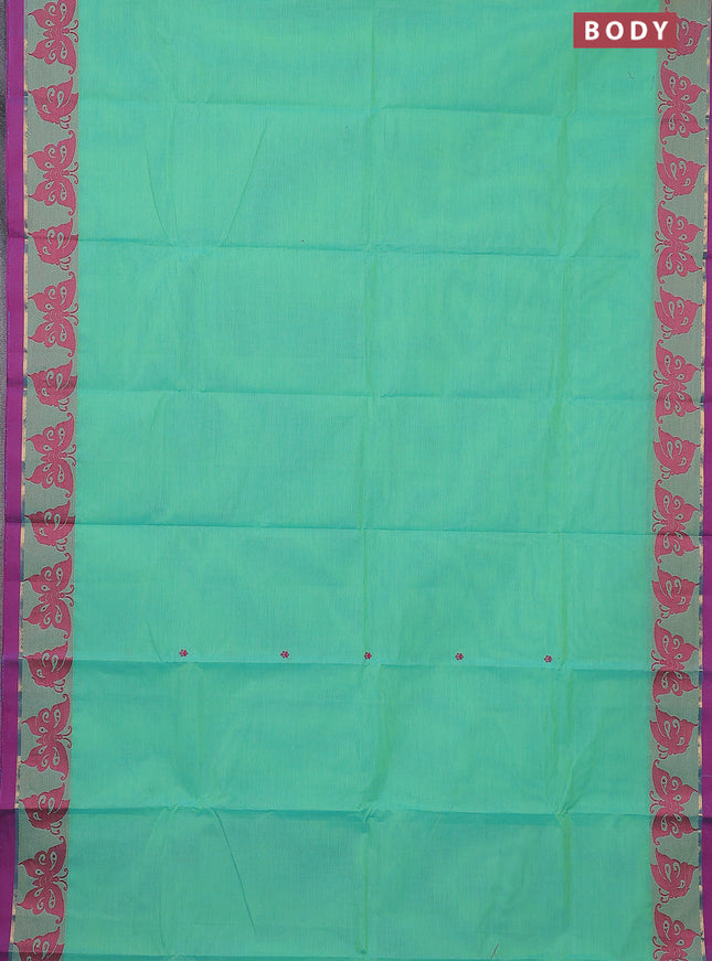 Chettinad cotton saree teal green and dark pink with thread woven buttas and thread woven border