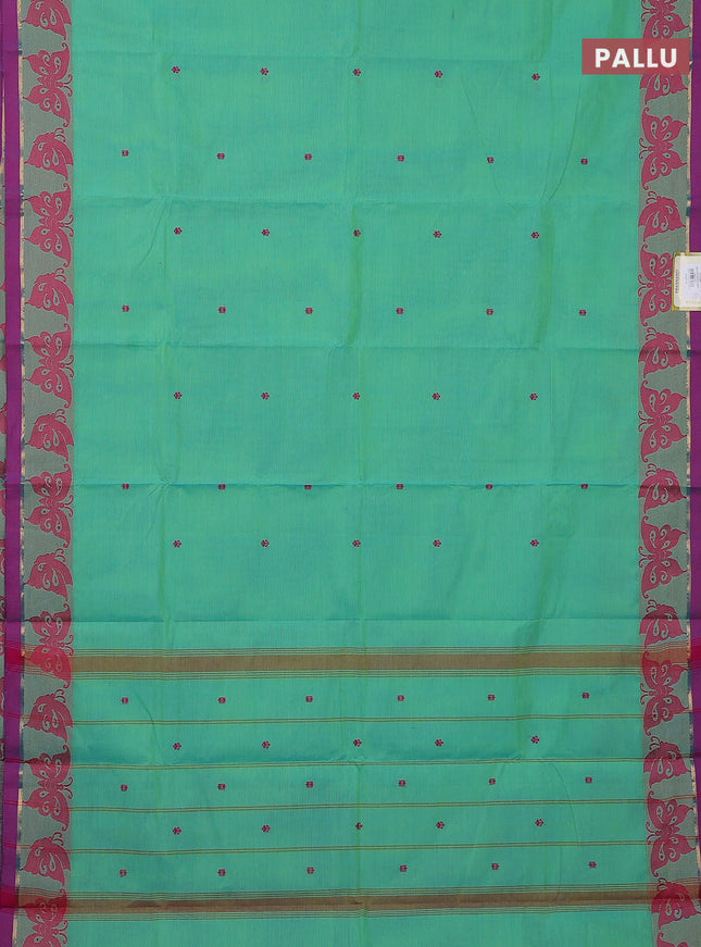 Chettinad cotton saree teal green and dark pink with thread woven buttas and thread woven border