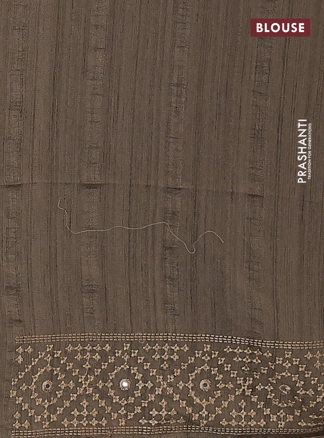 Semi tussar saree chikku shade and sandal with embroidery work buttas and embroidery mirror work border