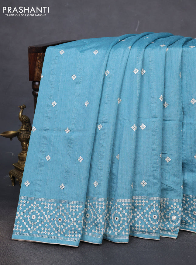Semi tussar saree teal blue and cream with embroidery work buttas and embroidery mirror work border