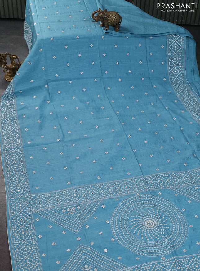 Semi tussar saree teal blue and cream with embroidery work buttas and embroidery mirror work border