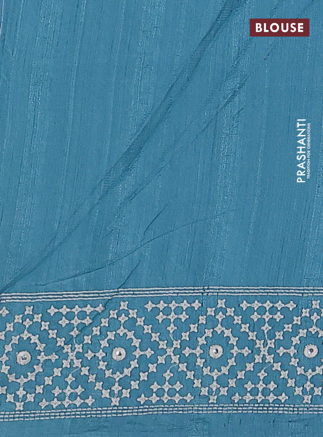 Semi tussar saree teal blue and cream with embroidery work buttas and embroidery mirror work border