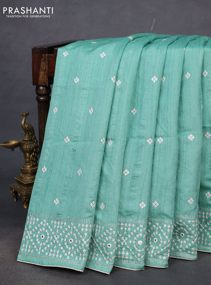 Semi tussar saree teal green and cream with embroidery work buttas and embroidery mirror work border