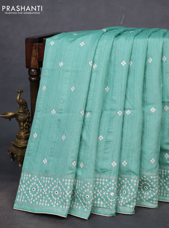 Semi tussar saree teal green and cream with embroidery work buttas and embroidery mirror work border