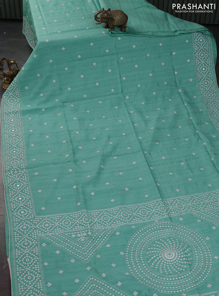 Semi tussar saree teal green and cream with embroidery work buttas and embroidery mirror work border