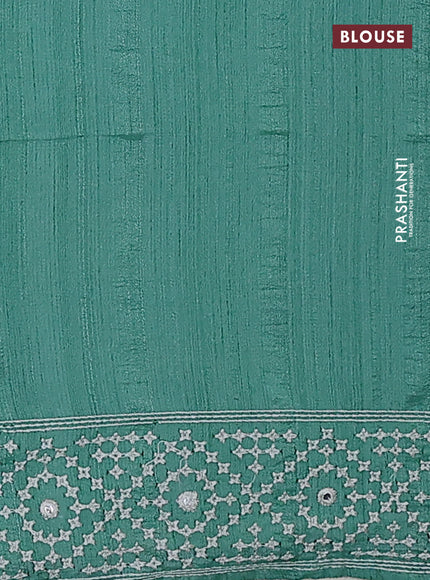 Semi tussar saree teal green and cream with embroidery work buttas and embroidery mirror work border