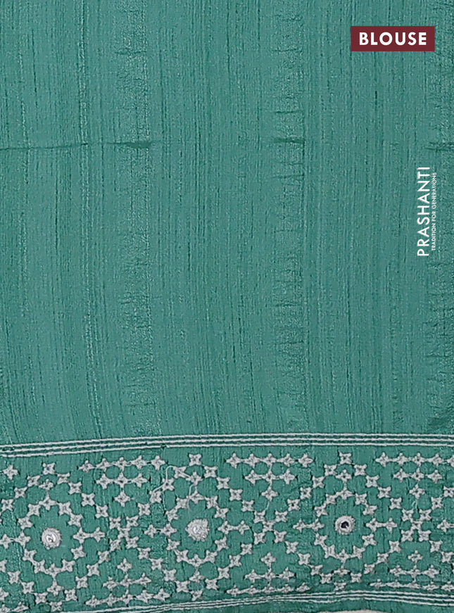Semi tussar saree teal green and cream with embroidery work buttas and embroidery mirror work border