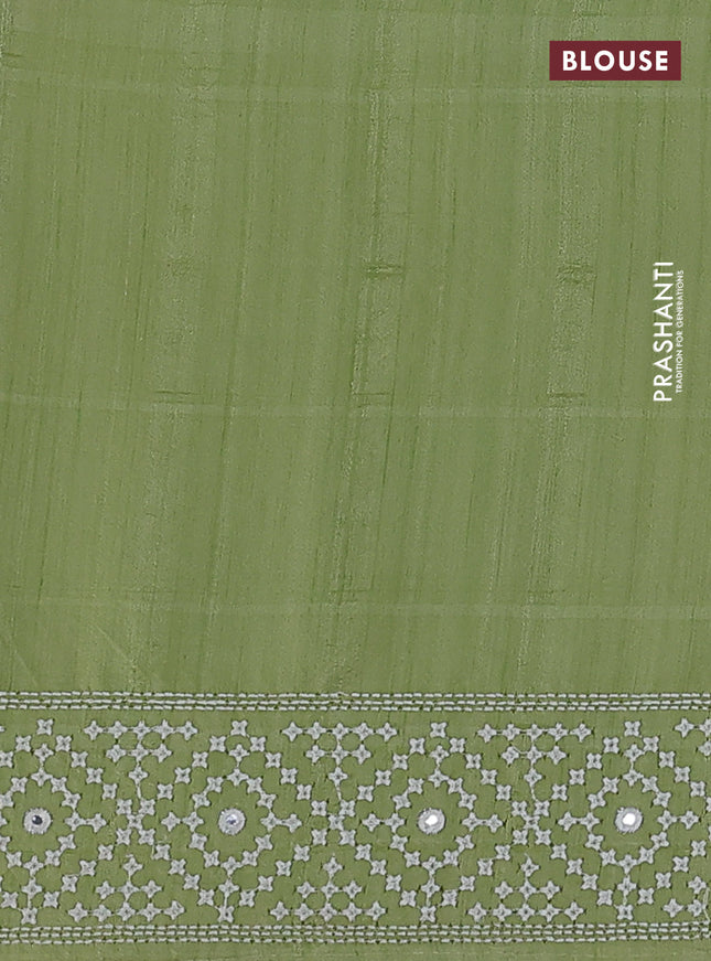 Semi tussar saree pista green and cream with embroidery work buttas and embroidery mirror work border