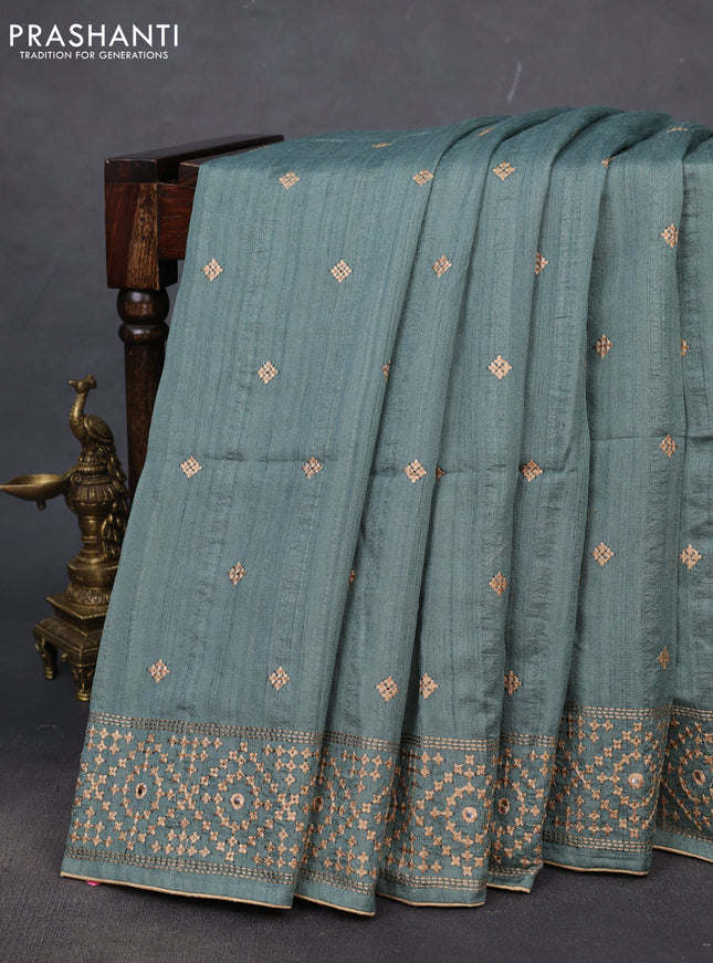 Semi tussar saree pastel green and sandal with embroidery work buttas and embroidery mirror work border