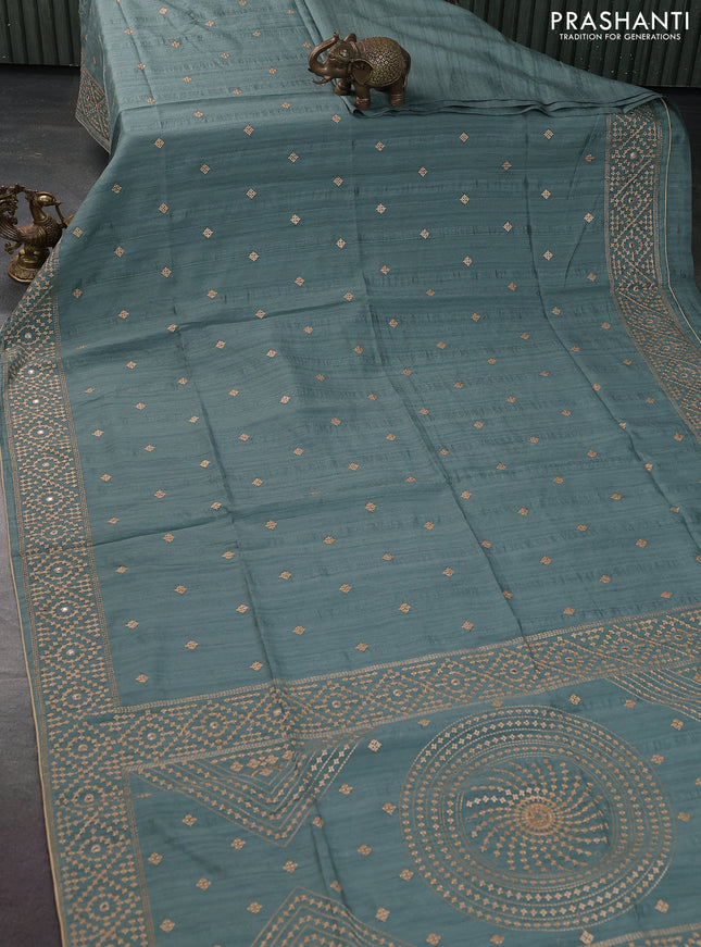 Semi tussar saree pastel green and sandal with embroidery work buttas and embroidery mirror work border
