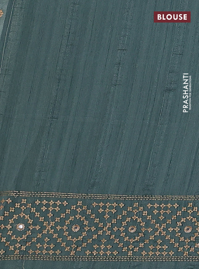 Semi tussar saree pastel green and sandal with embroidery work buttas and embroidery mirror work border