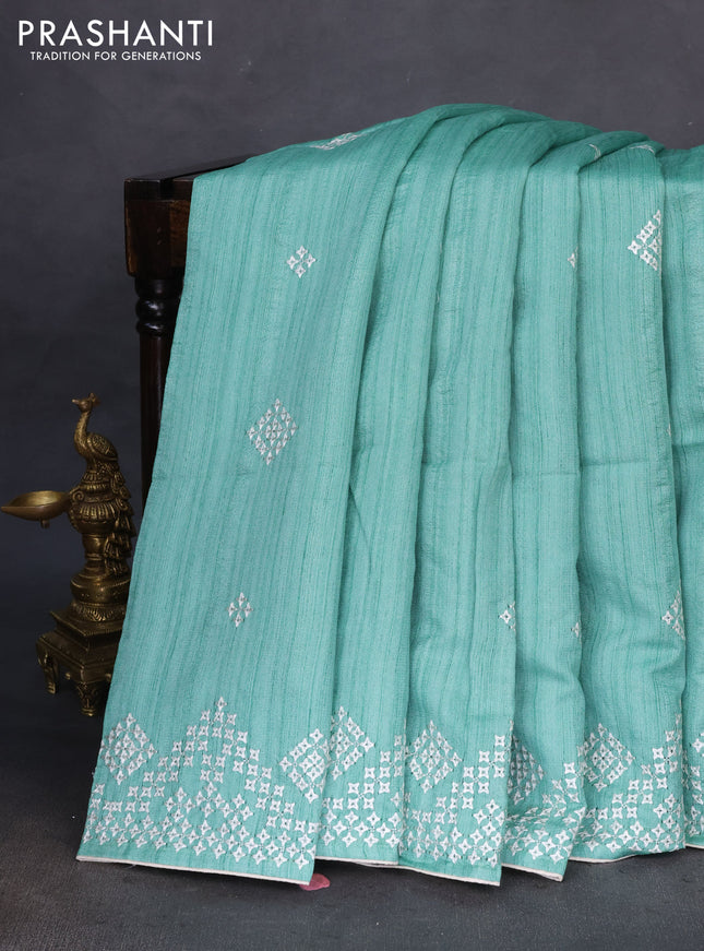 Semi tussar saree teal green and cream with embroidery work buttas and embroidery mirror work border