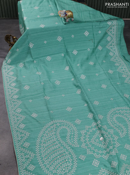 Semi tussar saree teal green and cream with embroidery work buttas and embroidery mirror work border
