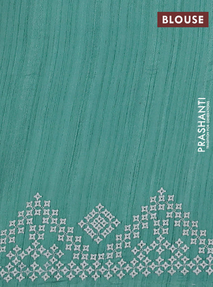 Semi tussar saree teal green and cream with embroidery work buttas and embroidery mirror work border