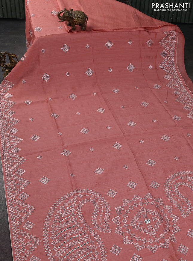 Semi tussar saree peach shade and cream with embroidery work buttas and embroidery mirror work border
