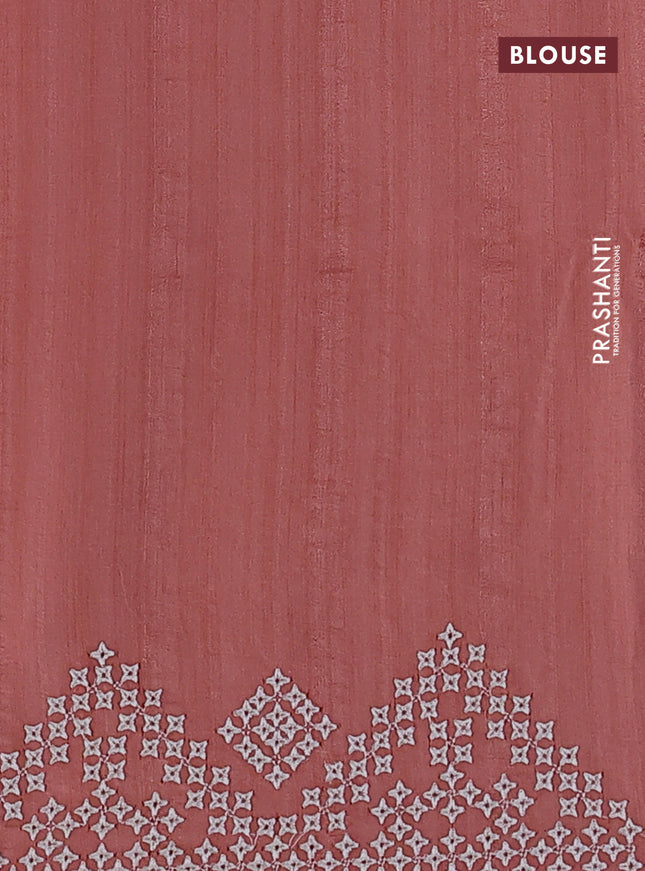 Semi tussar saree peach shade and cream with embroidery work buttas and embroidery mirror work border