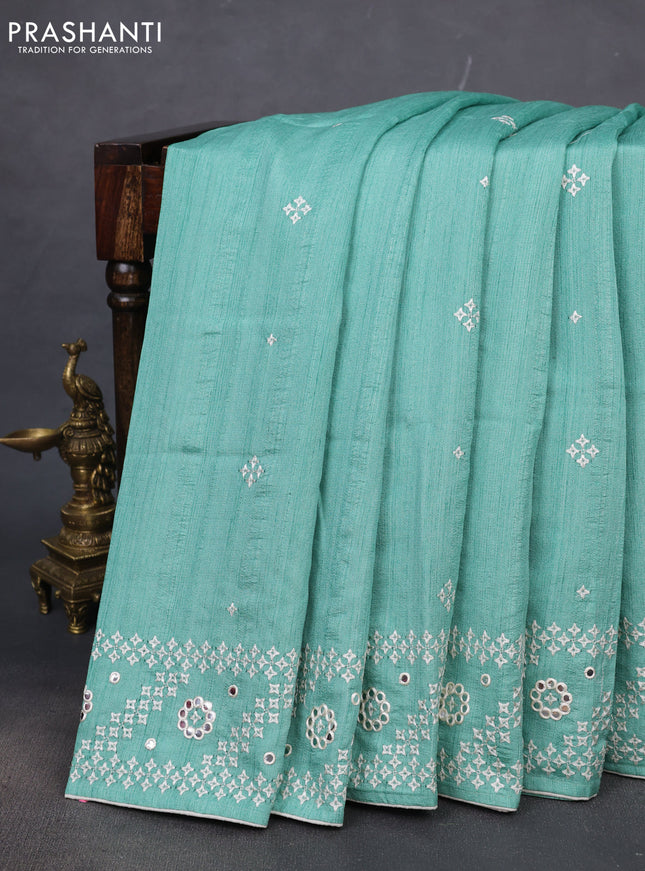 Semi tussar saree teal green and cream with embroidery work buttas and embroidery mirror work border