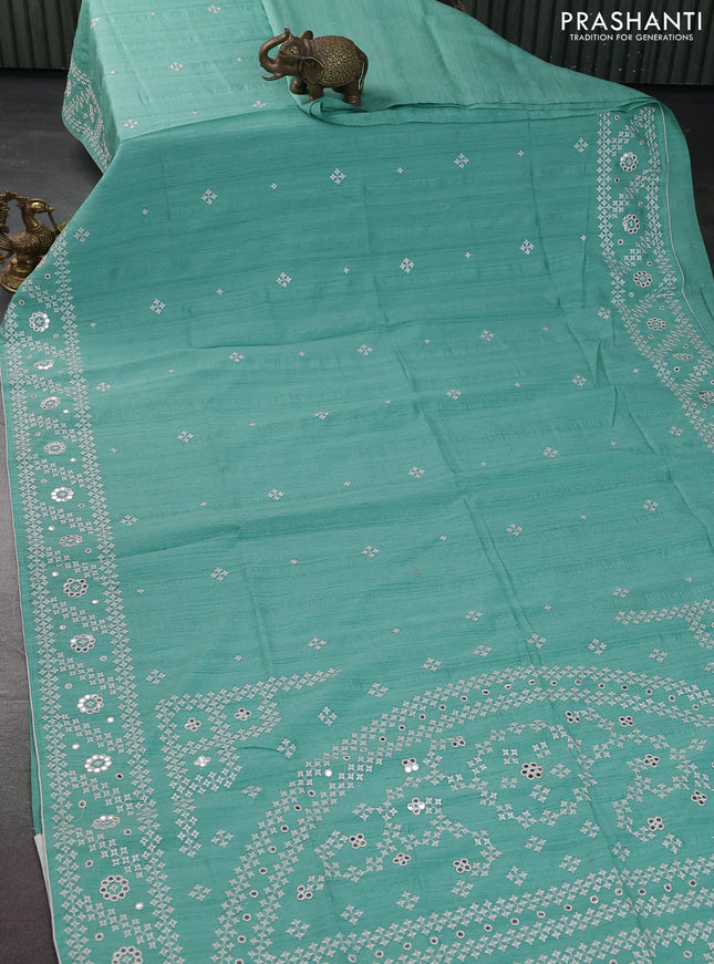 Semi tussar saree teal green and cream with embroidery work buttas and embroidery mirror work border