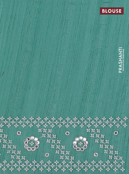 Semi tussar saree teal green and cream with embroidery work buttas and embroidery mirror work border