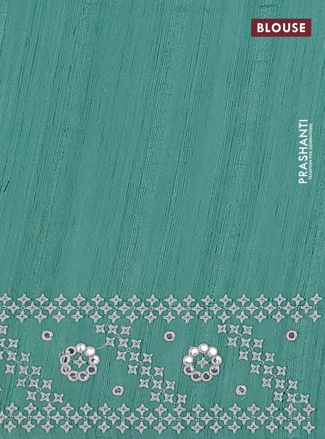 Semi tussar saree teal green and cream with embroidery work buttas and embroidery mirror work border