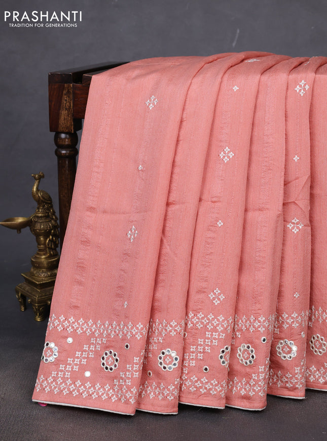 Semi tussar saree peach shade and cream with embroidery work buttas and embroidery mirror work border