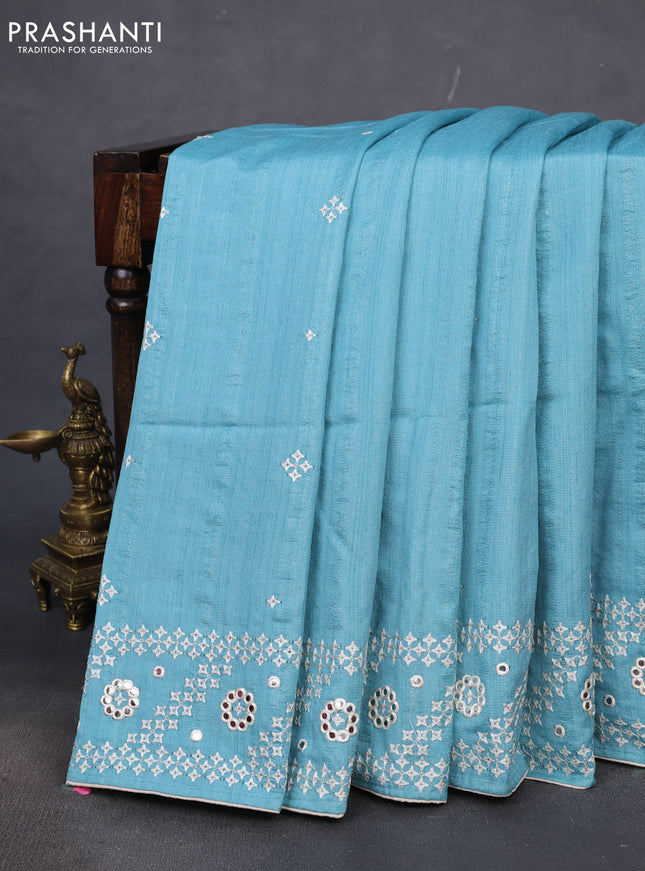 Semi tussar saree teal blue and cream with embroidery work buttas and embroidery mirror work border