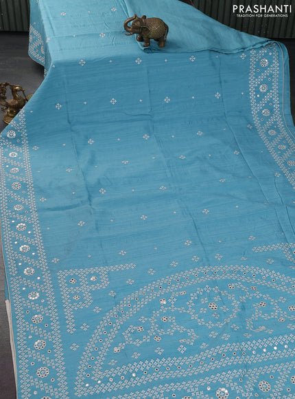 Semi tussar saree teal blue and cream with embroidery work buttas and embroidery mirror work border