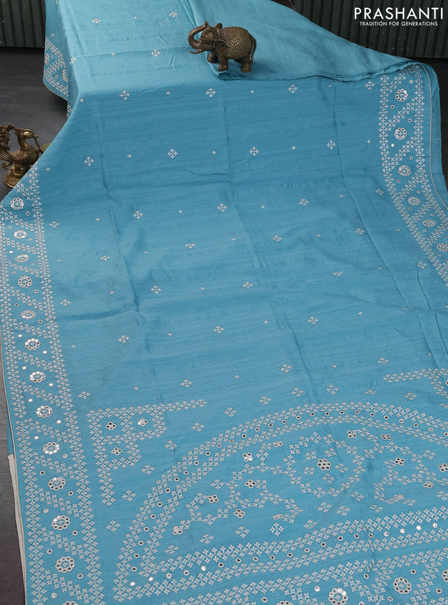 Semi tussar saree teal blue and cream with embroidery work buttas and embroidery mirror work border