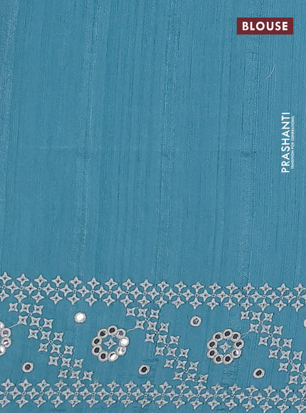 Semi tussar saree teal blue and cream with embroidery work buttas and embroidery mirror work border