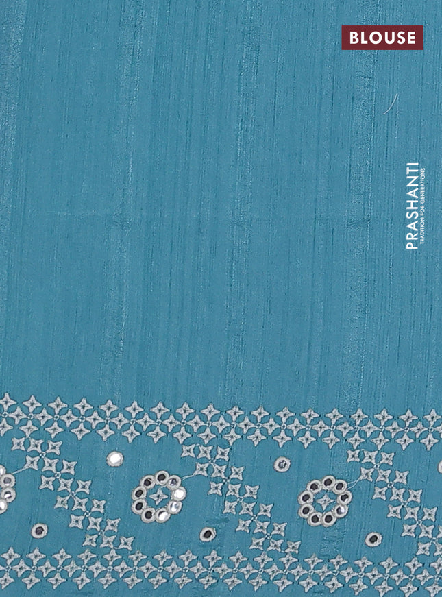 Semi tussar saree teal blue and cream with embroidery work buttas and embroidery mirror work border