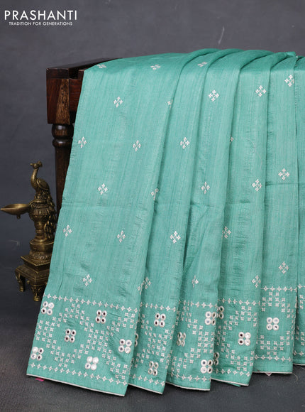 Semi tussar saree teal green shade and cream with embroidery work buttas and embroidery mirror work border