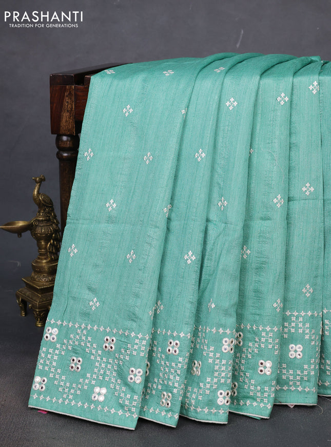 Semi tussar saree teal green shade and cream with embroidery work buttas and embroidery mirror work border