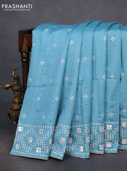 Semi tussar saree teal blue and cream with embroidery work buttas and embroidery mirror work border
