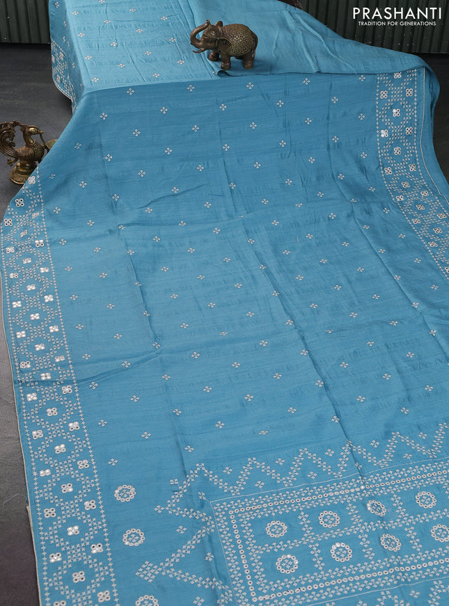 Semi tussar saree teal blue and cream with embroidery work buttas and embroidery mirror work border