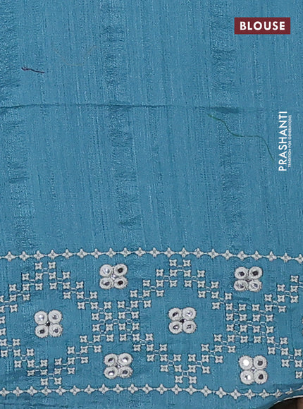 Semi tussar saree teal blue and cream with embroidery work buttas and embroidery mirror work border