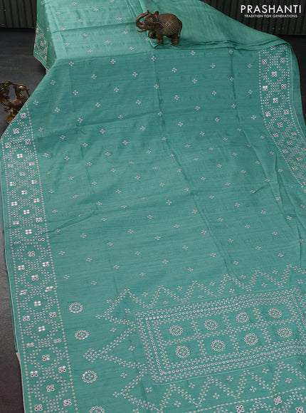 Semi tussar saree teal green shade and cream with embroidery work buttas and embroidery mirror work border