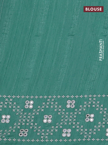 Semi tussar saree teal green shade and cream with embroidery work buttas and embroidery mirror work border