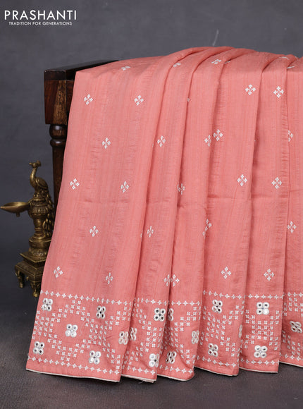 Semi tussar saree peach shade and cream with embroidery work buttas and embroidery mirror work border