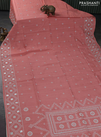 Semi tussar saree peach shade and cream with embroidery work buttas and embroidery mirror work border