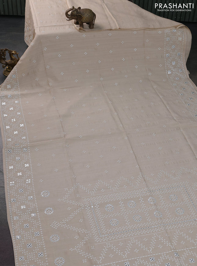 Semi tussar saree beige and cream with embroidery work buttas and embroidery mirror work border