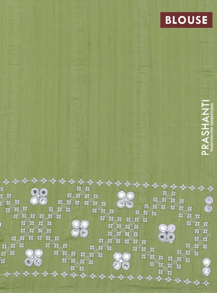 Semi tussar saree pista green and cream with embroidery work buttas and embroidery mirror work border